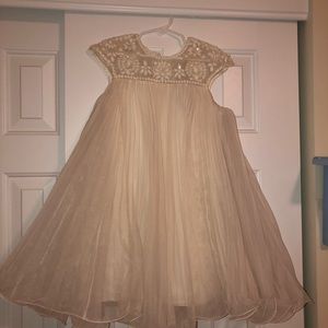 girls cream pleated dress with bead detail